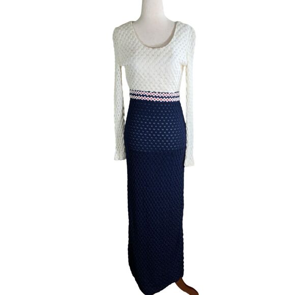 Parade Vintage Long Sleeve White/Navy Lace Maxi Dress Crochet Size XS - Picture 1 of 9